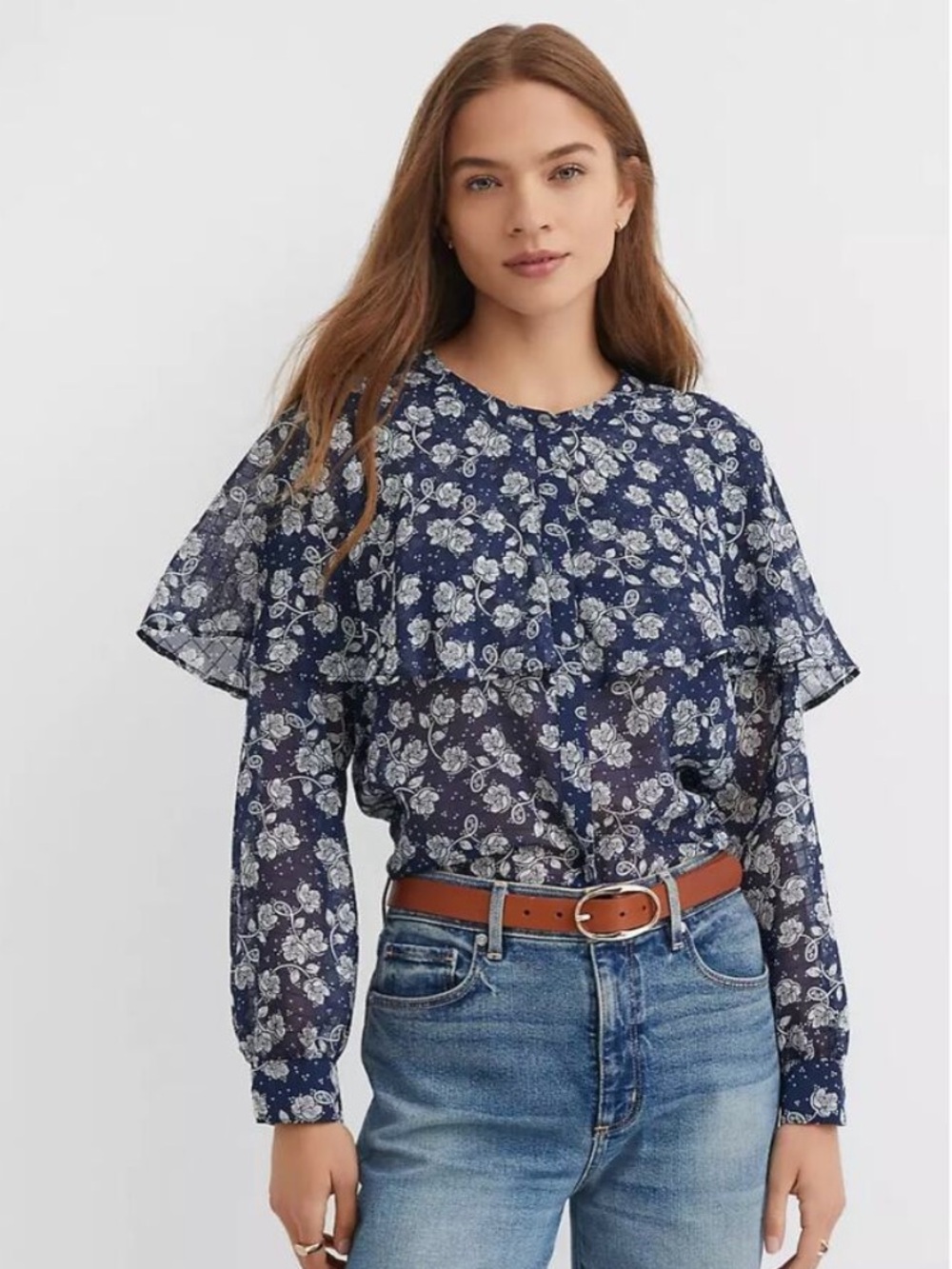 Loft Floral Cape Blouse Ruffle Sheer Cottage Blue